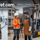 Industrial workers in a three-scene banner: factory technician with a tablet, on-site team in safety gear, and warehouse staff with a forklift. -