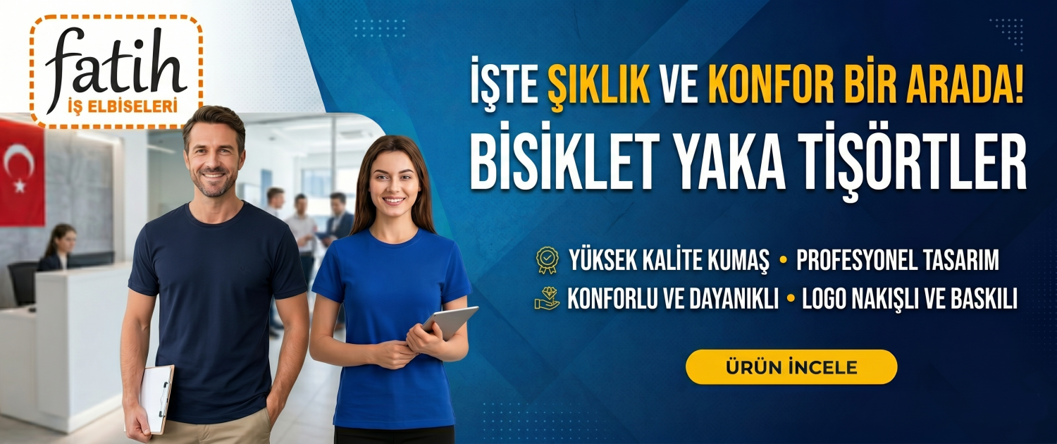 Bisiklet yaka tişörtler - Fatih iş elbiseleri istanbul Fatih İş Elbiseleri reklam afişi: erkek ve kadın modeller, logo ve büyük Türkçe başlıklar; Ürün İncele düğmesiyle CTA -
