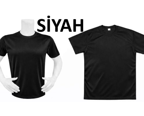 Two black t-shirts on white mannequins with the word SIYAH in bold letters between them. -