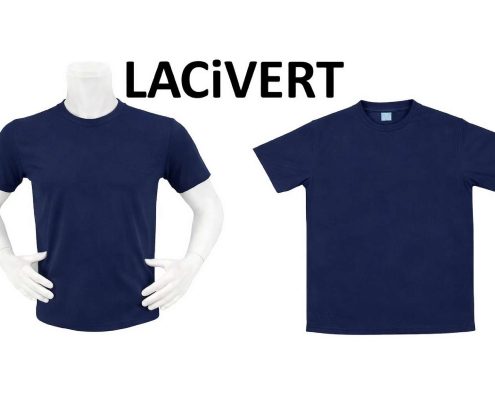 Two navy blue T-shirts shown on mannequins against a white background. -
