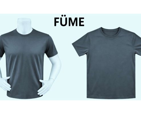 Two gray crew-neck T-shirts displayed on bust mannequins side by side against a light blue background, with the brand name 'FÜME' centered above. -
