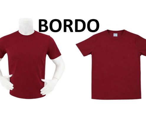 Two red crew-neck T-shirts on white mannequins, with a large black 'BORDO' logo above against a white background. -