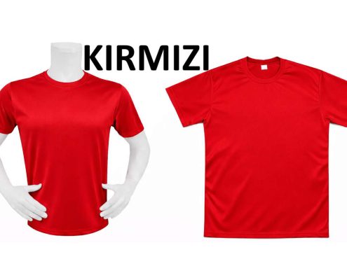 Two red T-shirts on white mannequins with the word 'KIRMIZI' above, indicating the red color option. -