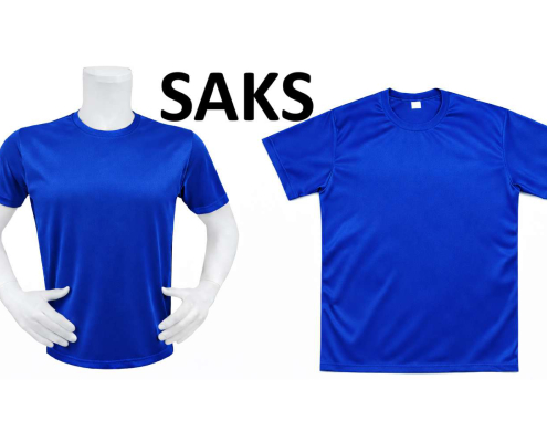 Two blue T-shirts on white mannequins with the word SAKS displayed between them on a white background. -