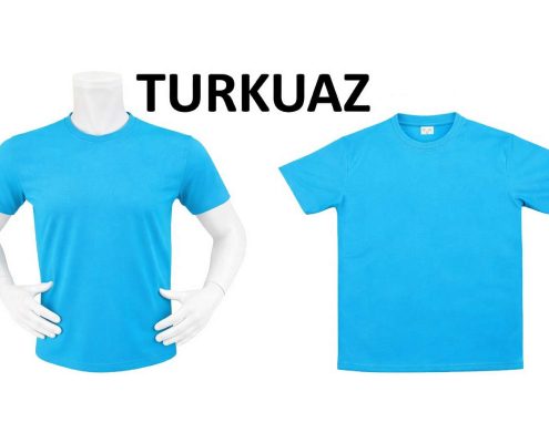 Two blue T-shirts on white mannequins shown side by side with the TURKAZ logo above them on a white background (branding/product display). -