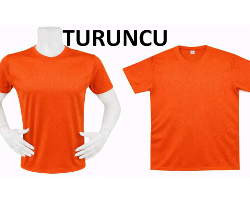 Two orange T-shirts on white mannequins, shown from the waist up, against a white background with the word TURUNCU above. -