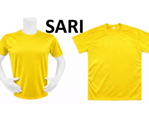 Two bright yellow T-shirts displayed on mannequins side by side against a white background, with the word 'SARI' between them (brand display). -