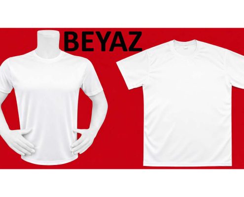 Two white T-shirts displayed on a red background with the word BEYAZ in black letters on the wall behind them. -