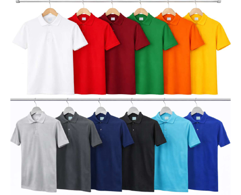 Row of polo shirts in white, red, burgundy, green, orange, yellow and blue hanging on a metal rack. Also a second row shows gray, navy, black and teal polo shirts on hangers. -