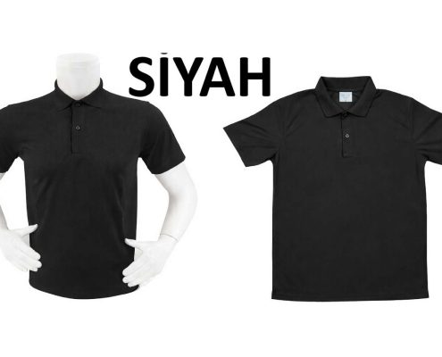 Two black polo shirts displayed on white mannequins, left one with short sleeves and hands on hips, right one with arms out, 'SIYAH' logo centered above -