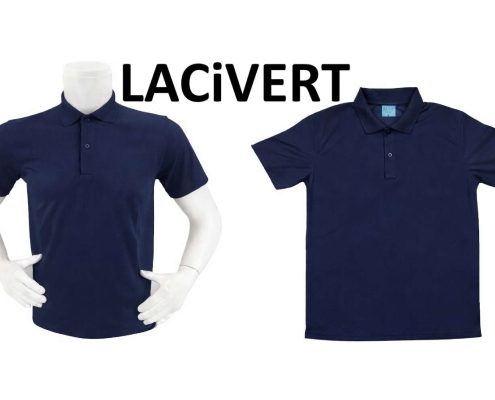 Two navy polo shirts displayed on white mannequins side by side against a white background. -