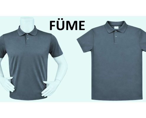 Two gray polo shirts shown on mannequins in a side-by-side layout with a light teal background and the word 'FUME' above them. -