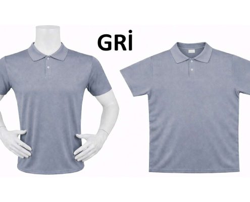 Two light-blue polo shirts displayed on mannequins against a white background. -