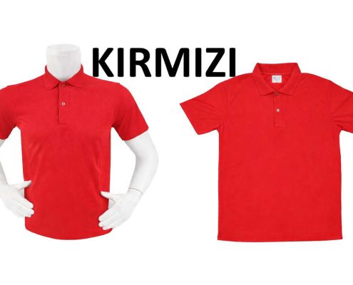 Two red polo shirts on white mannequins with the word 'KIRMIZI' displayed above them. -