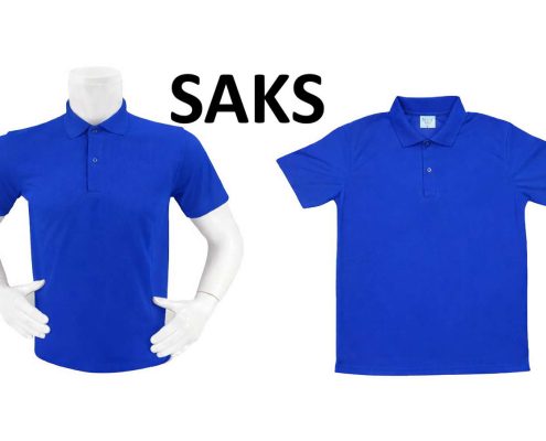 Two blue polo shirts displayed on white mannequins against a white background, with 'SAKS' text between them. -