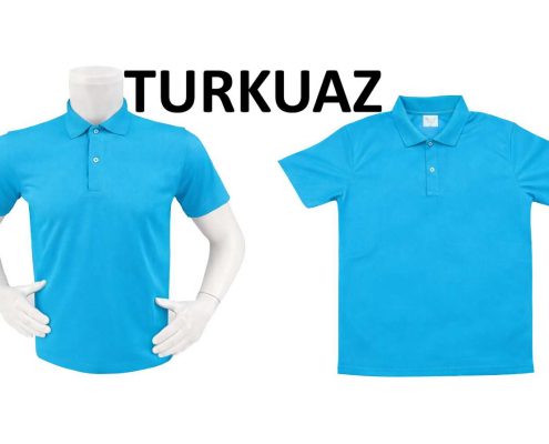 Two bright blue polo shirts on a white background, one on a mannequin left and one flat on the right, showcasing the product. -