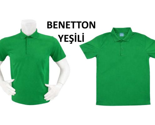Two green polo shirts on white mannequins with the text 'BENETTON YEŞİLİ' between them. -