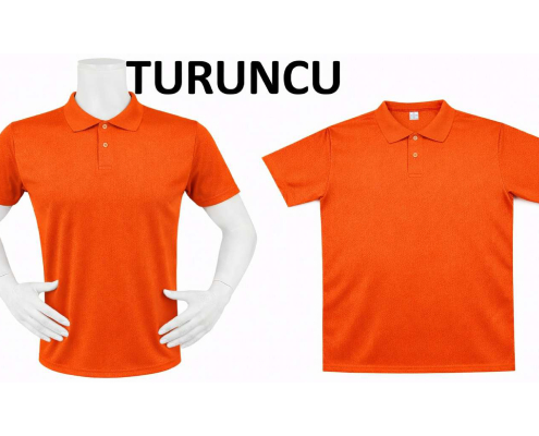 Two bright orange polo shirts on white mannequins against a white background, with the word TURUNCU above them. -