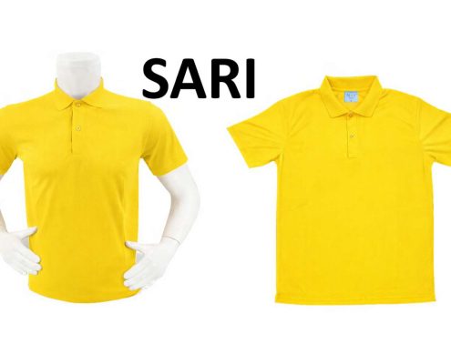 Two yellow polo shirts displayed side by side on white mannequins, set against a white background. -