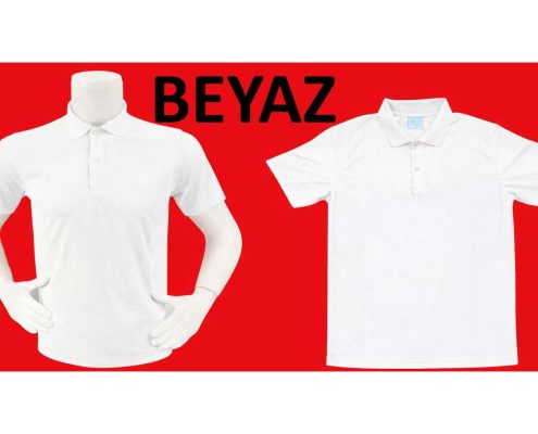 Two white polo shirts displayed on mannequin torsos against a bright red backdrop. -