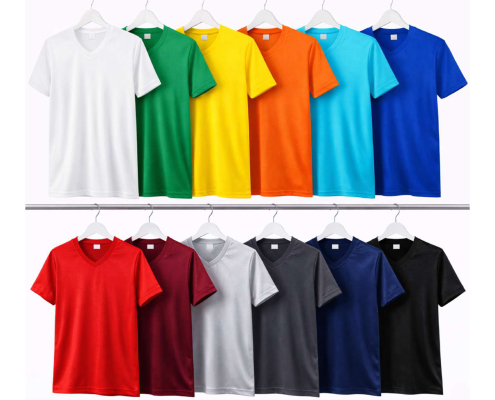 DRY TOUCH V YAKA YAĞMUR DESEN FORMA 1_page-0001 - Fatih iş elbiseleri istanbul Assorted colored T-shirts on white hangers hanging on a clothing rack, showing white, green, yellow, orange, light blue, and dark blue shirts. -