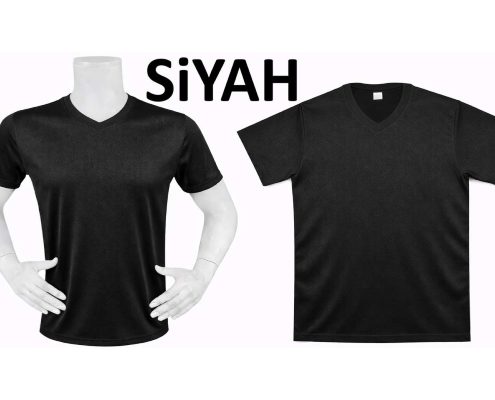 DRY TOUCH V YAKA YAĞMUR DESEN FORMA 1_page-0004 - Fatih iş elbiseleri istanbul Two black T-shirts on white mannequins, left with a V-neck and right with a crew neck, under the word SIYAH. -