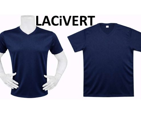 DRY TOUCH V YAKA YAĞMUR DESEN FORMA 1_page-0005 - Fatih iş elbiseleri istanbul Two navy blue T-shirts on white mannequins with the LACIVERT logo above them, against a light background. -
