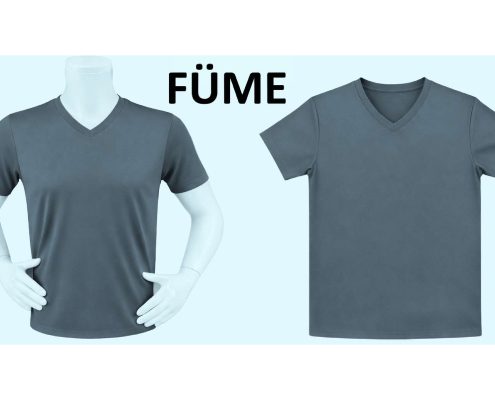 DRY TOUCH V YAKA YAĞMUR DESEN FORMA 1_page-0006 - Fatih iş elbiseleri istanbul Two blue-gray V-neck T-shirts on mannequins against a pale blue background, with the brand name 'FUME' between them. -
