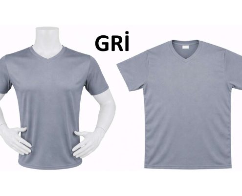DRY TOUCH V YAKA YAĞMUR DESEN FORMA 1_page-0007 - Fatih iş elbiseleri istanbul Two gray V‑neck T‑shirts displayed side by side on a white background, one on a mannequin and one flat. -
