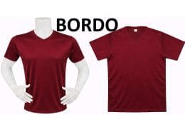 Two burgundy short-sleeve T-shirts on white mannequins, shown side by side with 'BORDO' text above them - -