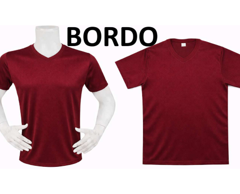 DRY TOUCH V YAKA YAĞMUR DESEN FORMA 1_page-0008 - Fatih iş elbiseleri istanbul Two burgundy short-sleeve T-shirts on white mannequins, shown side by side with 'BORDO' text above them -