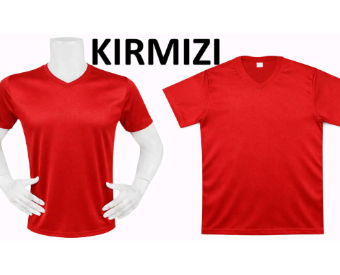 DRY TOUCH V YAKA YAĞMUR DESEN FORMA 1_page-0009 - Fatih iş elbiseleri istanbul Two red t-shirts displayed on white mannequins against a white background (one V‑neck, one crew neck). -