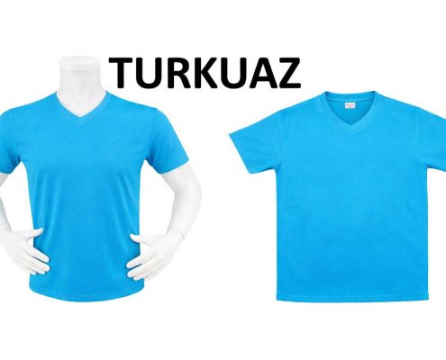 DRY TOUCH V YAKA YAĞMUR DESEN FORMA 1_page-0011 - Fatih iş elbiseleri istanbul Two bright blue T-shirts on white mannequins displayed against a white background, with TURKAZ logo above them. -