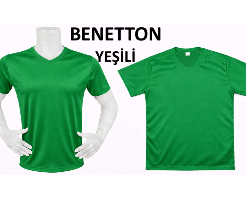 DRY TOUCH V YAKA YAĞMUR DESEN FORMA 1_page-0012 - Fatih iş elbiseleri istanbul Two green V-neck t-shirts on white mannequins against a white backdrop with bold black text reading 'BENETTON YEŞİLİ'. -