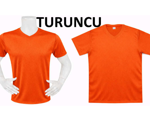 DRY TOUCH V YAKA YAĞMUR DESEN FORMA 1_page-0013 - Fatih iş elbiseleri istanbul Two orange t-shirts displayed on white mannequins in a split-layout product photo against a white background, showing front view and partial close-up. -