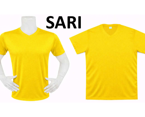 DRY TOUCH V YAKA YAĞMUR DESEN FORMA 1_page-0014 - Fatih iş elbiseleri istanbul Two yellow short-sleeve V-neck T-shirts: one on a mannequin left and a flat-lay shirt right, with 'SARI' text above -