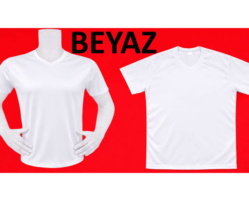 DRY TOUCH V YAKA YAĞMUR DESEN FORMA 1_page-0015 - Fatih iş elbiseleri istanbul Two white T-shirts on dress forms against a red background with the word BEYAZ in black letters behind them -