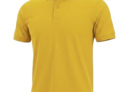 Bright yellow polo shirt with collar and short sleeves on a plain background, front view - -
