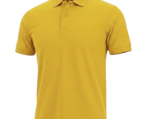 Bright yellow polo shirt with collar and short sleeves on a plain background, front view