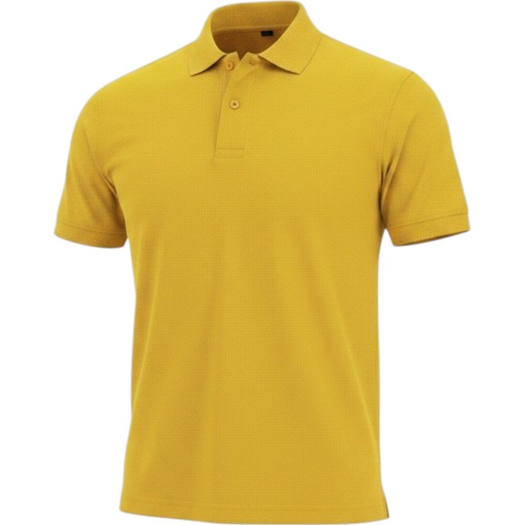 Bright yellow polo shirt with collar and short sleeves on a plain background, front view -