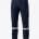 Dark blue denim cargo work pants with yellow stitching and reflective bands around the lower legs, paired with black work boots. -