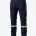 Dark blue denim cargo work pants with yellow stitching and reflective bands around the lower legs, paired with black work boots. -