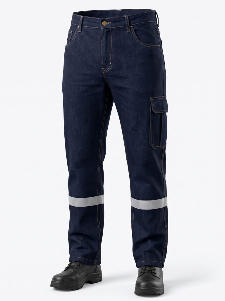 Dark blue denim cargo work pants with yellow stitching and reflective bands around the lower legs, paired with black work boots. -