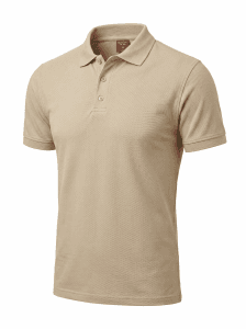 Polo Yaka Bej Pamuk-polyester karışım tişört - Fatih iş elbiseleri istanbul Beige polo shirt on a mannequin, showing collar, button placket and short sleeves, plain background. -