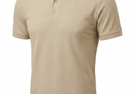 Beige polo shirt on a mannequin, showing collar, button placket and short sleeves, plain background. - -