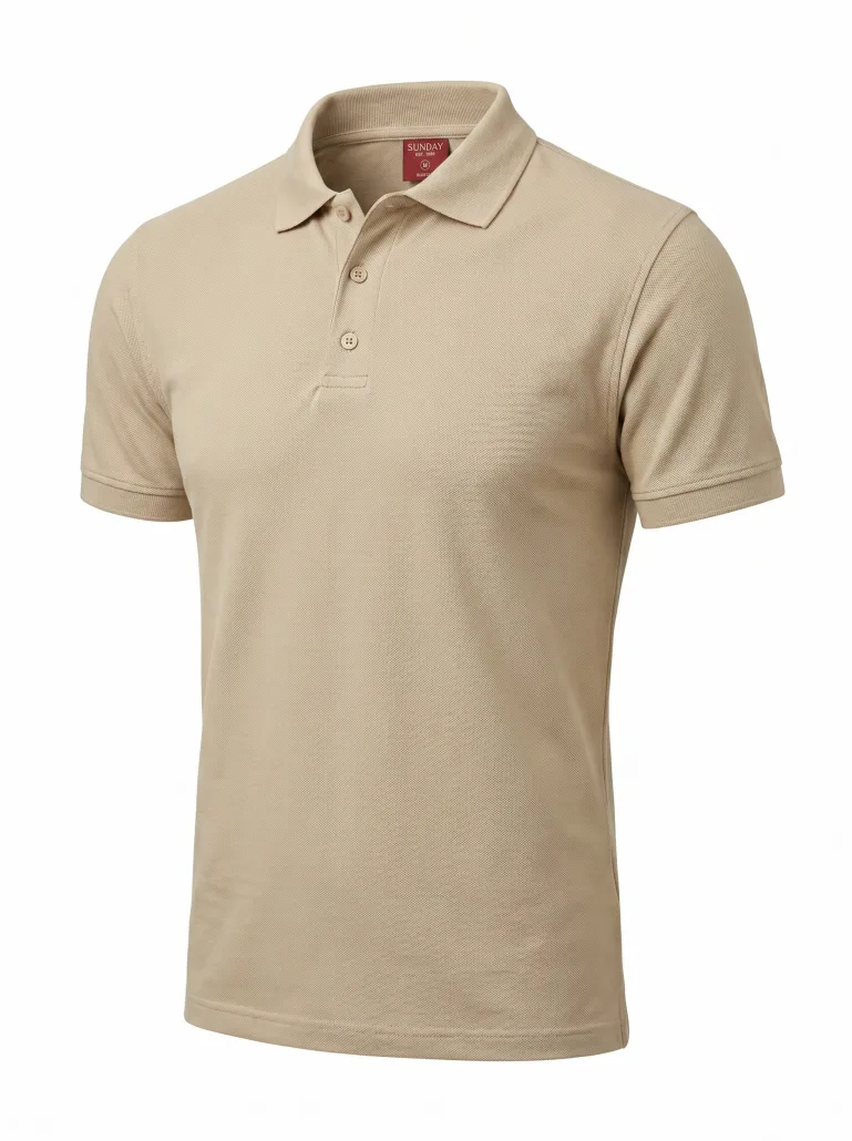 Beige polo shirt on a mannequin, showing collar, button placket and short sleeves, plain background. -
