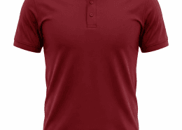 Red polo shirt on white background with collar, button placket, and short sleeves visible from the waist up. - -
