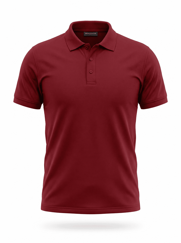 Polo Yaka bordo Pamuk-polyester karışım tişört - Fatih iş elbiseleri istanbul Red polo shirt on white background with collar, button placket, and short sleeves visible from the waist up. -