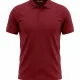 Red polo shirt on white background with collar, button placket, and short sleeves visible from the waist up. -