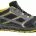 Trail running shoe with black mesh, gray overlays, and yellow accents; rugged yellow sole for traction. -